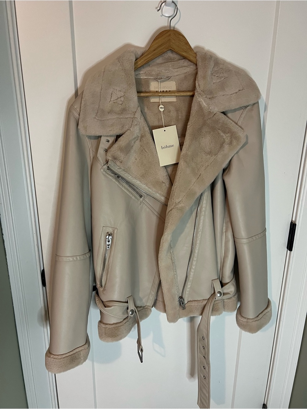 bohme Taupe Faux-Shearling Leather Moto Jacket